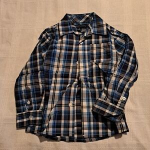 French Toast boys size 3T plaid button up shirt, blue, black, white, EUC